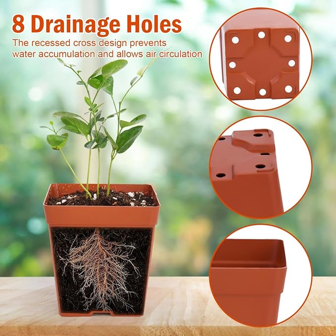 June Fox 100 Pack Red Square Nursery Pots with Drainage Holes 3.3 Inches Flexible Plastic Seedling Pots Square Pots for Plants, Succulent, Flower, with Plant Labels
