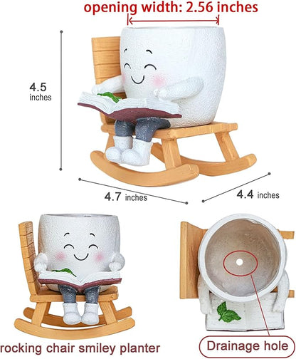 Rocking Chair Smiley Face Planter with Drainage Hole, Cute Plant Pots for Indoor Outdoor Plants,Unique Flower Pot for Succulents, Gift for Mother's Day, Birthday, Christmas(White)