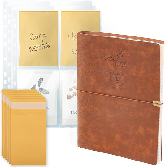 U0U Seed Storage Organizer Binder,Seed Packet Organizer with 50Pcs Garden Envelopes and 25 Clear Pocket Sheets,Seed Storage Binder Kit for Protecting Vegetable Seeds (Brown, 9.8 x 12inch)