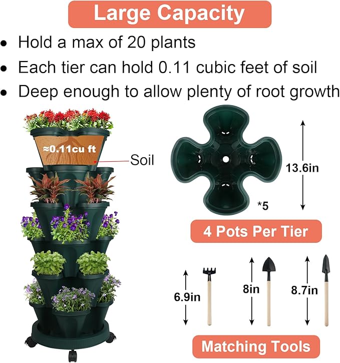 GameXcel Vertical Planter 6 Tier Stackable Planters Garden Planters Strawberry Herb Flower and Vegetable Planter Indoor Outdoor Gardening Pots with Removable Wheels and Tools