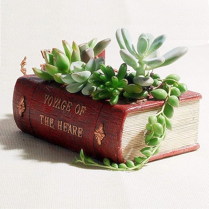 Succulent Pots Book Shaped Planter - Cute Resin Flower Pot Bookshelf Decor Creative for Sempervivum with Drainage, Gift for Women, Man, Office, Indoor Plants, Book Lovers, 7.0″x5.0″x2.3″