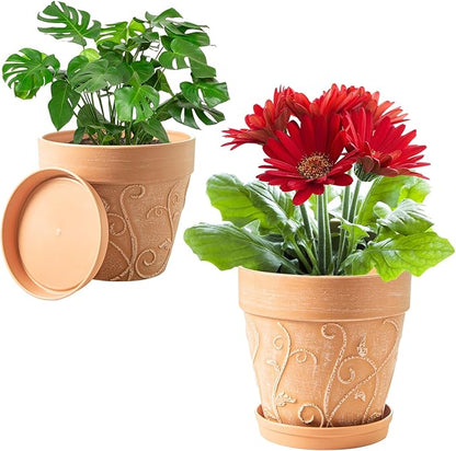 Melphoe Plant Pots Indoor with Drainage & Saucer, 2Pack 7/8 inch Flower Pots Outdoor Planters for Indoor Plants Garden Home Decor Cactus Succulent, Rigid Plastic (Imitation-Terracotta) Vine-Embossed