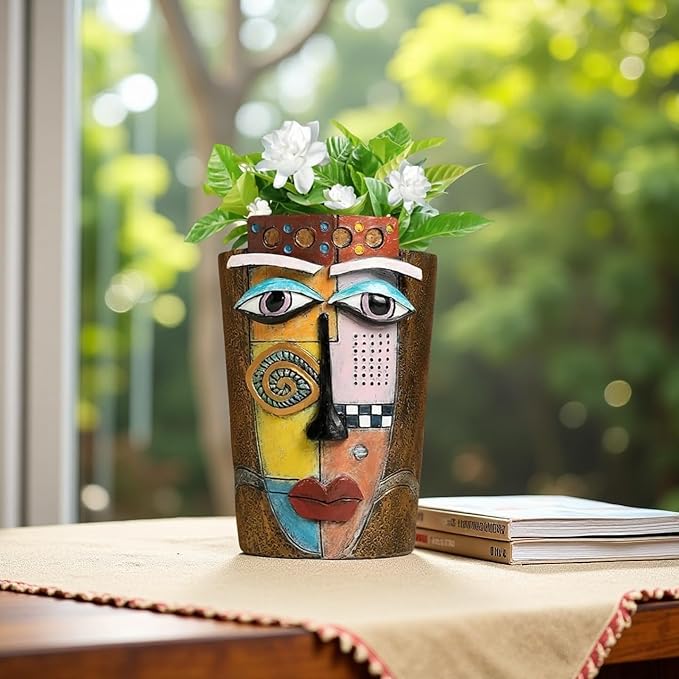 Picasso Abstract Face Flower Pot,Plant Pot with Facial Expressions,Handmade Resin Plant Pot with Drainage Holes,for Indoor and Outdoor Botanical Home décor (Brown Small)