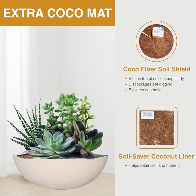 6.9" H x 19.7" D Round Bowl Fiberstone Planter for Succulent and Lotus with Drainage Hole, Smooth Finishes, Weather Resistant, Included 2 Extra Coco Mats (Kilim Beige, 17.9" Pot Opening)