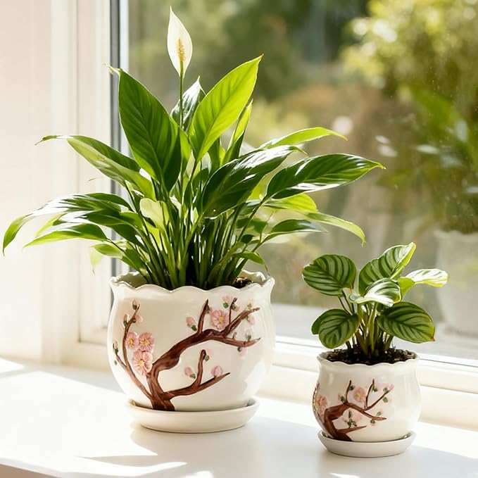 Vintage Flower Pots for Indoor Plant, Round Ceramic Plant Pots with Drainage Holes and Saucers, 6.7/5.2/3.9 Inches Retro Flower Planters Set of 3 (Cherry Blossom)