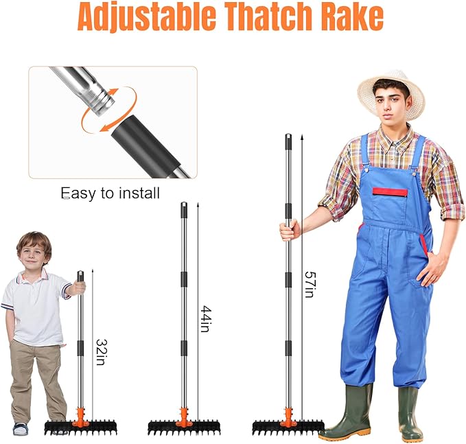57-Inch Thatch Rake - Professional Dethatcher & Soil Aerator with 15" Steel Tines, Detachable Handle for Lawn Thatching and Compacted Soil Removal