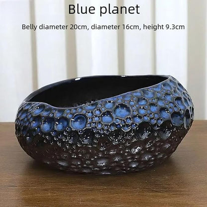 Lotus Bowl Planter, Decorative Ceramic Plant Pots with Moisture-Multifunctional Design, Succulents Orchids Indoor Plants, Thickened Round Planter for Home Desk & Shelf Decor (Blue Planet)