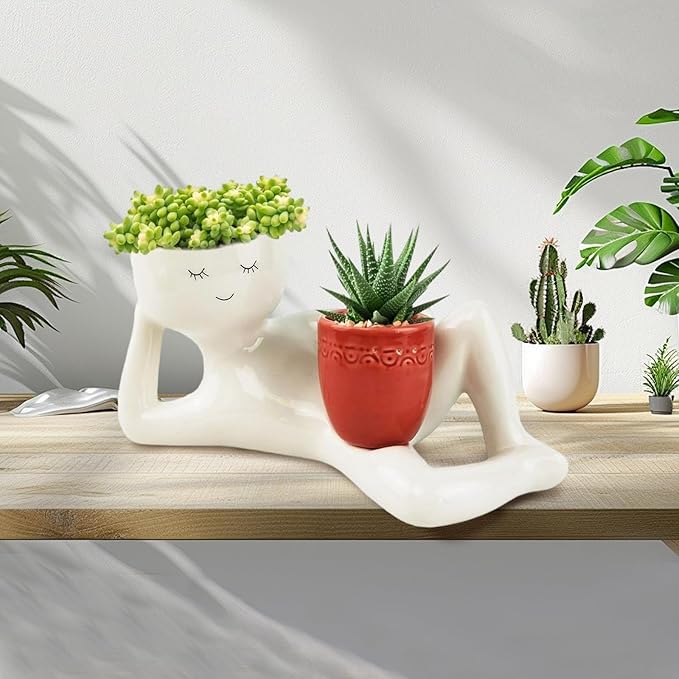 Lazy Guy Planter - Funny Smiling Face Resin Flower Pot with Double Drainage Hole, Cute Lying Down Figure Succulent & Cactus Planter, Unique Home Garden Decor Gift for Family & Friends (Red)