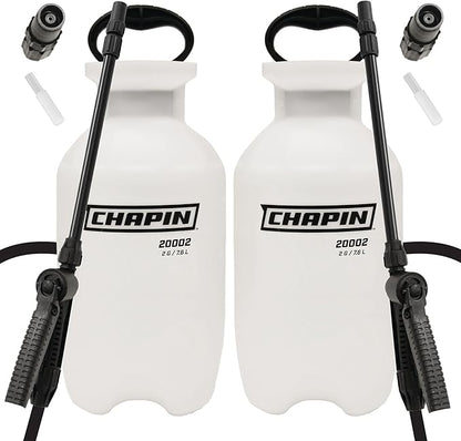 Chapin 20024 Pump Sprayer, 2‑Gallon, Lawn & Garden, Translucent Poly Tank, Funnel‑Top, SureSpray Anti‑Clog Filter, Adjustable Cone Nozzle & 34" Hose for Fertilizer, Weed & Pest Application, Pack of 2