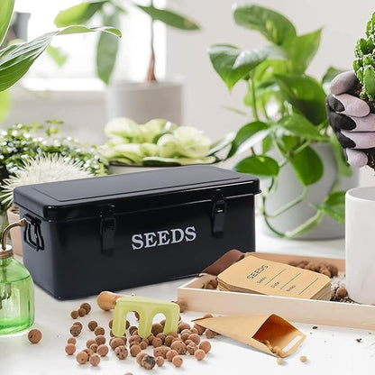 Seed Saving Box, Metal Seed Bin, Seed Storage Organizer, Seed Packet Container with Lid, Seed Envelope Storage Box, 4 Compartments Garden Seed Bin with Safety Locks-Black