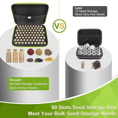 【80 Slots】 Seed Storage Organizer, Sturdy Organizer Box with Dual Zipper Bag and 84Pcs Label Stickers, Glass Seed Storage Container for Flower Vegetable Plants Garden Seeds Saving, Green