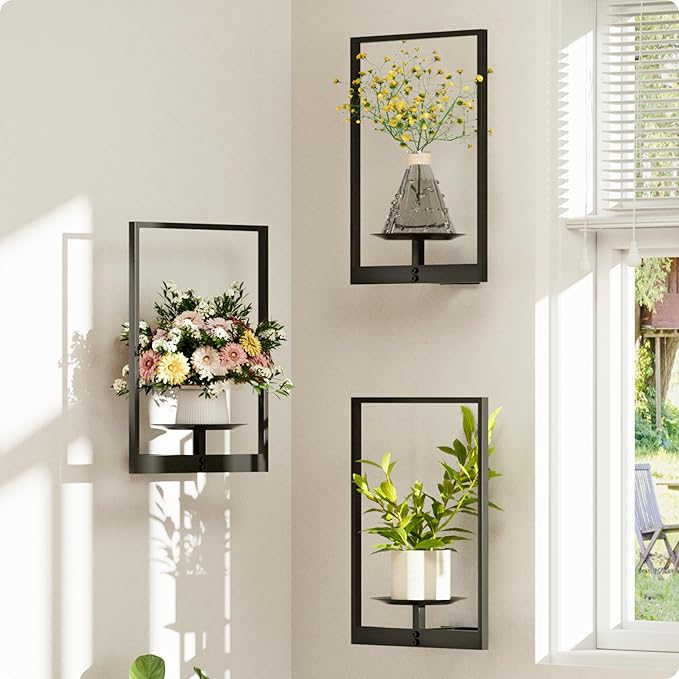 Black Metal Wall Plant Holder - 3-Pack Wall Mounted Plant Stands and Hanging Holders for Indoor Planter and Flower Pot -Rectangle Decor Shelf for Plant Storage (Pot Not Included)