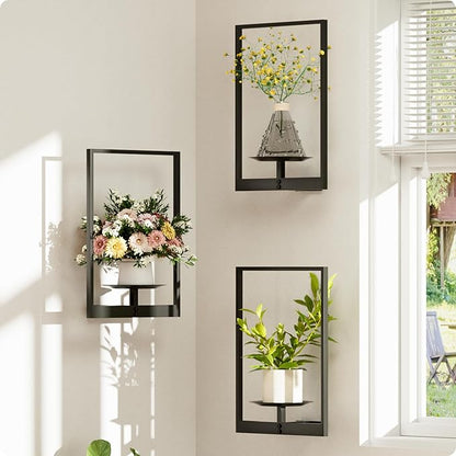 Black Metal Wall Plant Holder - 3-Pack Wall Mounted Plant Stands and Hanging Holders for Indoor Planter and Flower Pot -Rectangle Decor Shelf for Plant Storage (Pot Not Included)