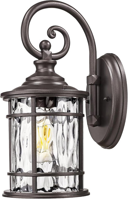 Emliviar 15.5" Outdoor Wall Mounted Light Fixture, Farmhouse Porch Lighting in Oil Rubbed Bronze Finish, Outside Lantern for Yard with Water Ripple Glass Shade, XE229B ORB WG
