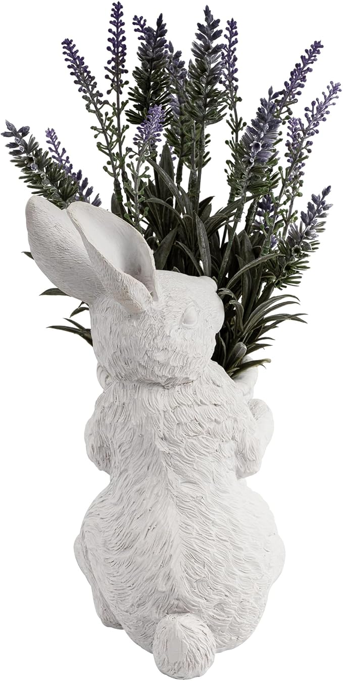 Elegant Resin Statue Flower Pot –Vintage White Swan Planter with Artificial Lavender Plant Indoor Outdoor Rustic Garden Decor – Cute Animal Figurine Gift (Rabbit)
