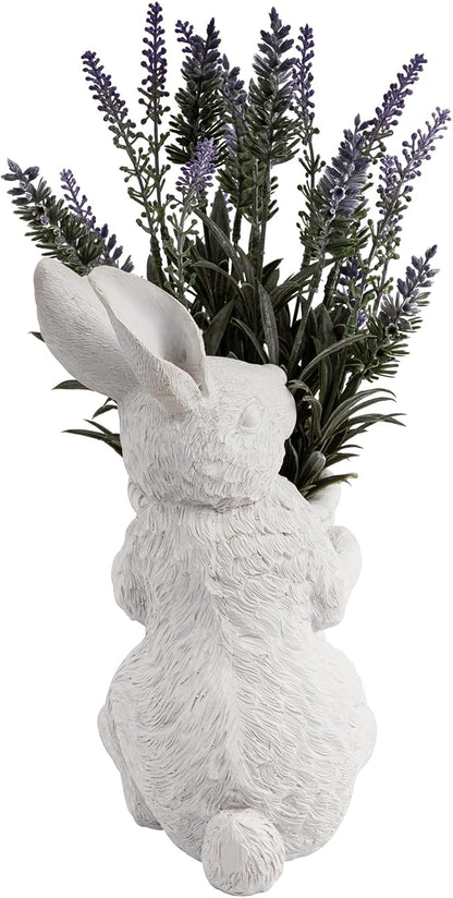 Elegant Resin Statue Flower Pot –Vintage White Swan Planter with Artificial Lavender Plant Indoor Outdoor Rustic Garden Decor – Cute Animal Figurine Gift (Rabbit)