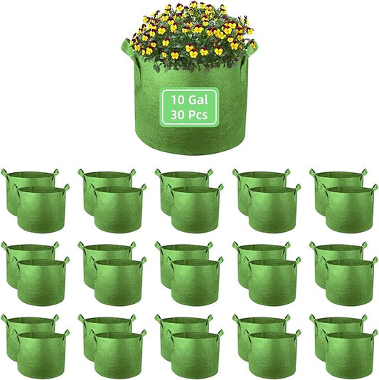 10 Gallon Garden Grow Bags, 30 Pack 10 Gal Planter Bags Fabric Pot, Nonwoven Grow Pots Heavy Duty Aeration Fabric Pots with Handles, Garden Fabric Planters for Vegetables Flowers (Green)