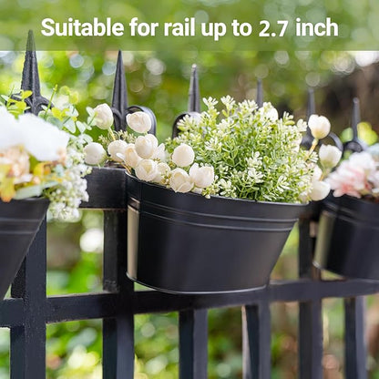Dahey 10.5 Inch Metal Iron Hanging Flower Pots for Railing Fence Hanging Bucket Pots Countryside Style Window Flower Plant Holder with Detachable Hooks Home Decor,Black,5 Pcs