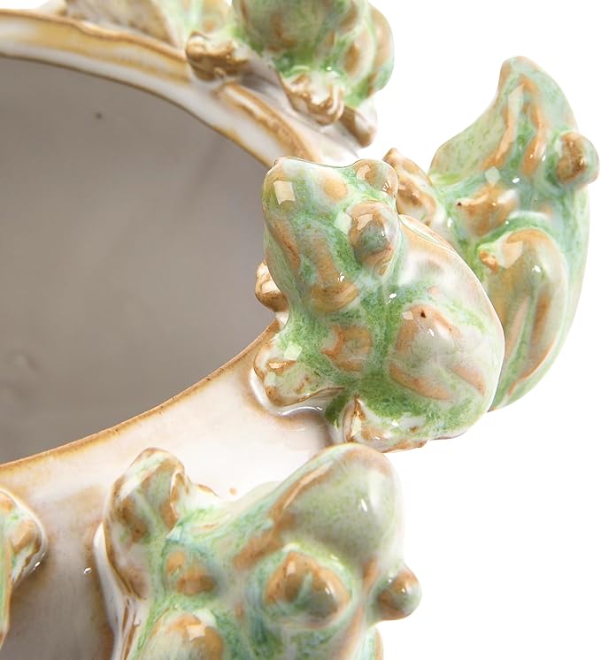 Creative Co-Op Stoneware Planter with Frogs on Rim and Reactive Glaze, Green and White
