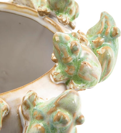 Creative Co-Op Stoneware Planter with Frogs on Rim and Reactive Glaze, Green and White