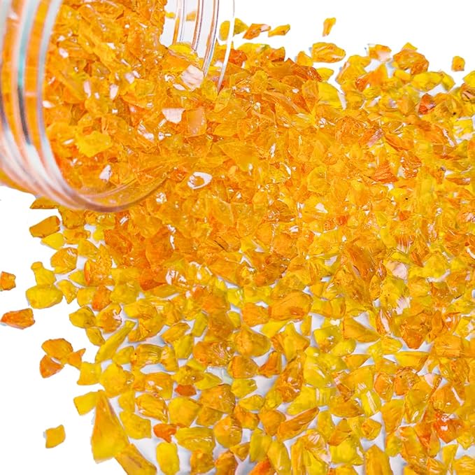 HappyFiller 1.3 LB Crushed Glass Sand Broken Piece Stones,Resin Art Craft,Vase Fillers Candle Holder Aquarium Decor Gravel,Terrarium Pebble Granules,Orange