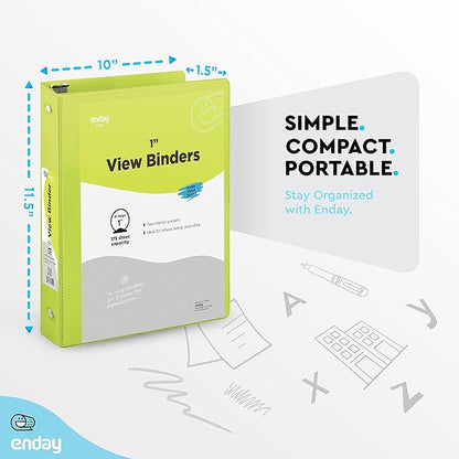 1 Inch 3 Ring Binder 1” Binder Green Clear View Cover with 2 Inside Pockets, Colored School Supplies Office and Home Binders – by Enday