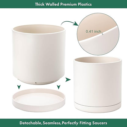 D'vine Dev 16 Inch Plastic Planter Pots for Plant Pot with Drainage Hole and Seamless Saucers, Oatmeal, 74-X-H-5