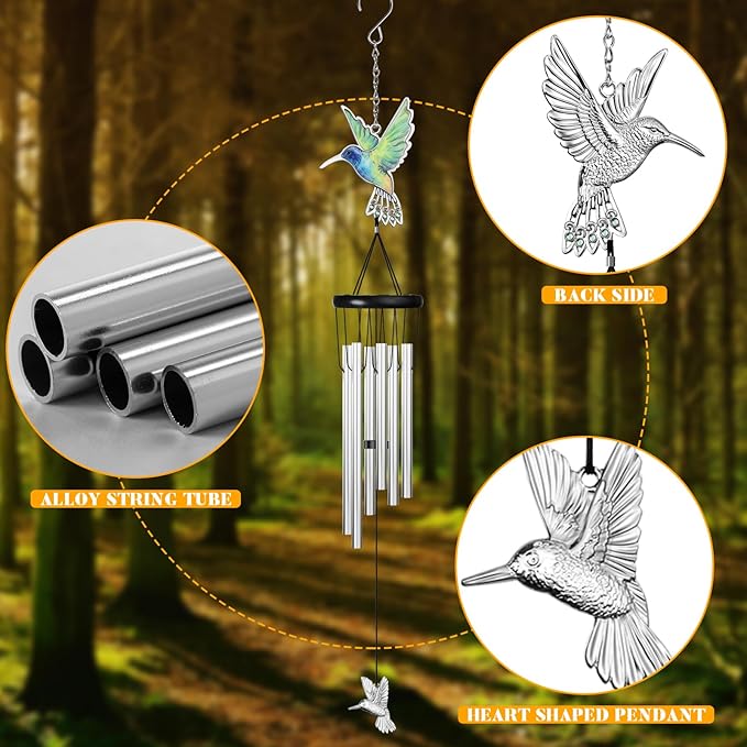 Outdoors Hummingbird Wind Chimes Sympathy Memorial for Loss of Loved One - Soothing Melodic Tones Aluminum Chime Great as a Gift for Your Patio Porch Garden and Backyard (Silvery, Hummingbird)