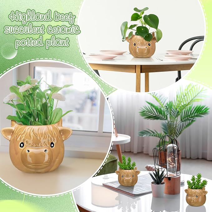 Sieral 2 Pcs Highland Cow Succulent Pots with Drainage Cute Animal Ceramic Planter Pots Plants Holder Cow Shaped Cactus Flower Container for Home Display and Office Desk Decoration