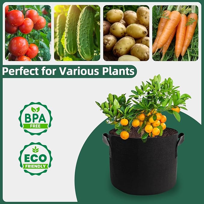 5 Pack 10 Gallon Thickened Grow Bags, Aeration Nonwoven Fabric Planting Bags with Handles, Heavy Duty 300G Garden Planter Pot for Tomato, Potato, Strawberry, Vegetable, Fruits and Flowers