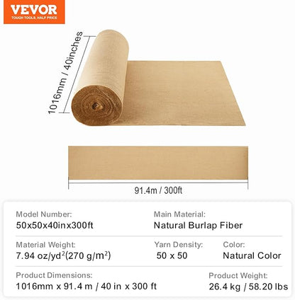 VEVOR Burlap Fabric Roll, 40” x 300 ft High Density Natural Jute Fiber Material for Outdoor Plant Care, Tree Wrap Roll, Decor, DIY Crafts, Wedding, Garden Weed Barrier, Plants & Trees Winter Covering