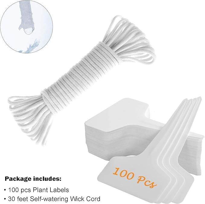 ORIMERC 100 Pcs 6 x 10cm Plant Labels with 30 Feet Self Watering Wick Cord for Vacation Self-Watering Planter Pot DIY Automatic Watering Device Potted Plant Sitter Auto Drip Waterer Garden Tag Marker