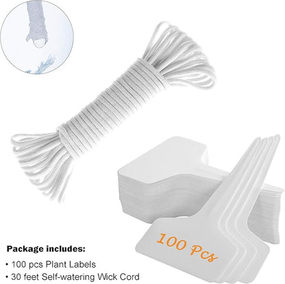 ORIMERC 100 Pcs 6 x 10cm Plant Labels with 30 Feet Self Watering Wick Cord for Vacation Self-Watering Planter Pot DIY Automatic Watering Device Potted Plant Sitter Auto Drip Waterer Garden Tag Marker