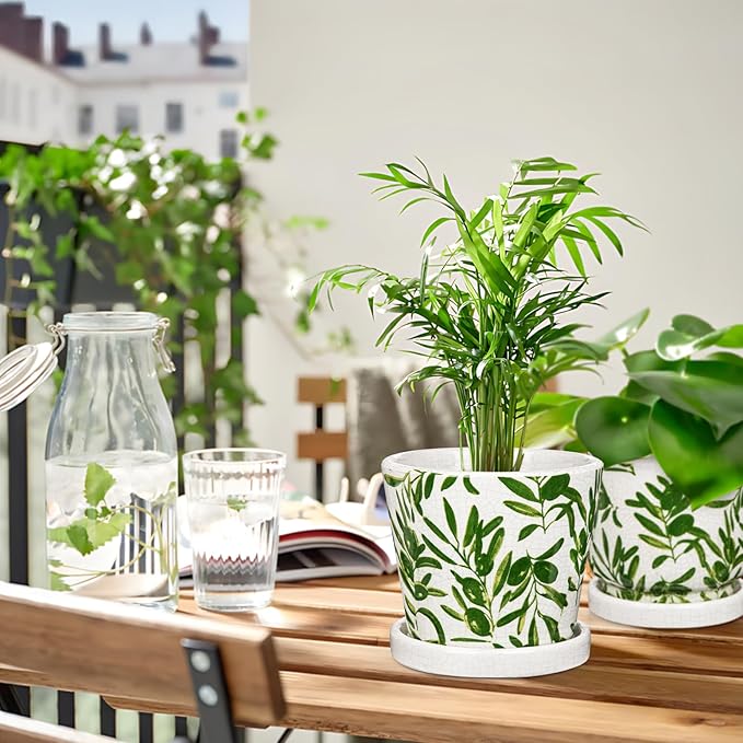 Oairse Small Ceramic Pot for Indoor Plants - 5.5 inch Plant Pot with Drainage Hole and Saucer Olive Leaves Decorative Planter Indoor Outdoor Flower Pots for Succulent Snake Pothos Plant Cactus Orchid