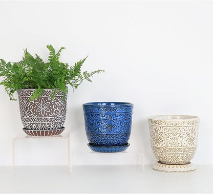 Gepege 6 Inch Ceramic Planter, Blue Plant Pot with Drainage Holes and Saucers for Indoor Plants, Birthday for Women Mom