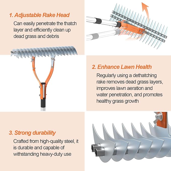 TOOVEM Thatch Rake, 15-inch Lawn Thatching Rake with Heavy Duty Steel Tines & Ergonomic Handle, 70'' Professional Dethatching Rakes for Cleaning Dead Grass, Yard Garden Durable Soil Rakes