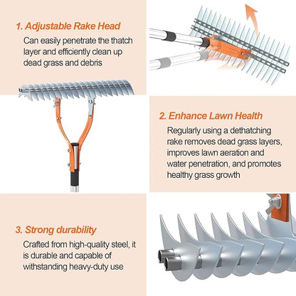TOOVEM Thatch Rake, 15-inch Lawn Thatching Rake with Heavy Duty Steel Tines & Ergonomic Handle, 70'' Professional Dethatching Rakes for Cleaning Dead Grass, Yard Garden Durable Soil Rakes