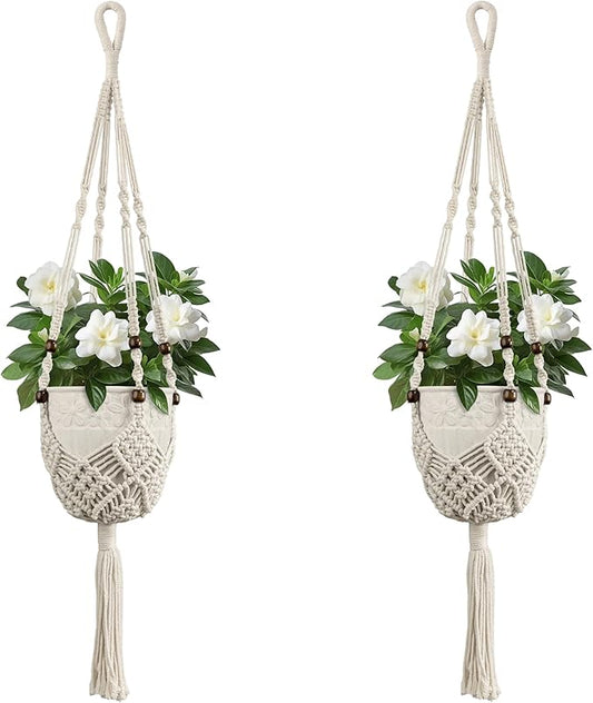 USLAI Macrame Plant Hanger Indoor Outdoor, Fits 3 to 6.5 inch Pots, Hanging Planter Holder with Beads and Tassels, Boho Home Decor, 35+35 Inch, Ivory (POTS NOT Included)