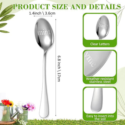 Bucherry 12 Pcs Metal Plant Label Signs, Spoon Shape Planted Herb Markers Garden Labels with Herb Names for Nursery Indoor Outdoor Garden Decoration, Stainless Steel, 12 Styles, 6.8" x 1.4"