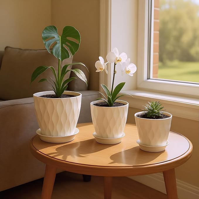 Plastic Plant Pots with Drainage Holes and Saucers, 8/7/6/5/4 Inches Garden Plant Flower Pots for Indoor Planter, 5 Pack Nursery Planting Pot for Indoor & Outdoor House Plants (White, 8/7/6/5/4)