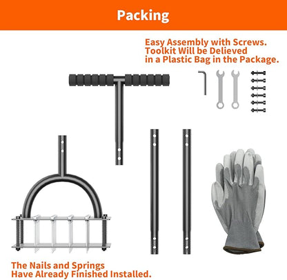 Lawn Aerator Tool (Pre-Assembled), 16 Iron Spikes with Spring-Loaded Auto Cleaning, Ergonomic T-Handle, Manual Grass Aerators for Lawn, Yard, Garden Soil Loosening & Aeration, Gloves Included (Black)