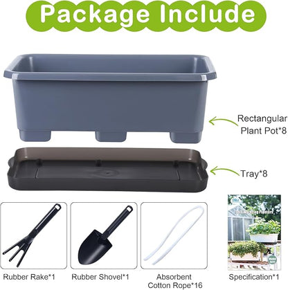 Window Box Planter 8 Pcs, 17 Inches Rectangle Flower Pots with Drainage Holes and Trays, Vegetable Planters for Windowsill Patio Garden Balcony Home Porch Yard Indoor Outdoor (Grey)