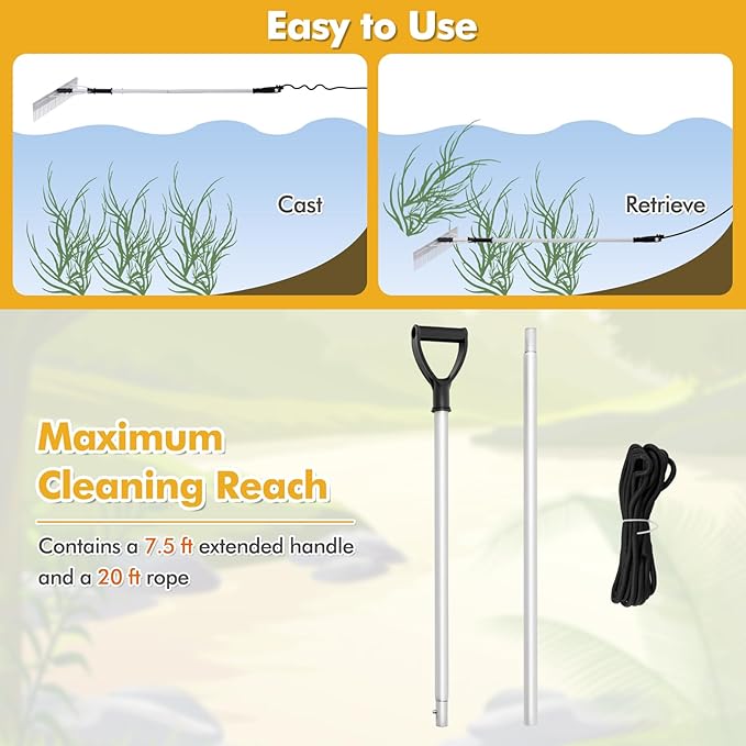 IRONMAX Lake Rake, 36’’ Folding Aluminum Aquatic Weed Rake Weed Cutter with Foam Floats, Extended Handle & Rope, Weed Rake for Algae Removal Plant Cutting