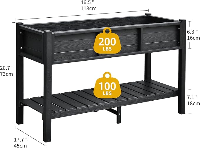 DWVO 48x18x30in Raised Garden Bed Kit, HDPE Planter Box Stand, Poly Wood Weather-Resistant Planter Box with Legs & Storage Shelf, Elevated Garden Bed for Backyard, Patio, Balcony,Black
