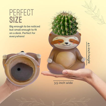 Meditating Animal Sloth Planters with Drainage Hole 4.1 x 3.5 x 3 Inch Indoor Outdoor Flower Pot for Small Plants Succulents, Herbs, Cactus, Houseplants Stand Garden Home Office Decor
