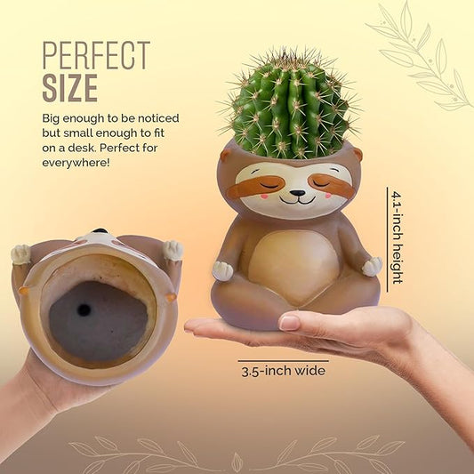 Meditating Animal Sloth Planters with Drainage Hole 4.1 x 3.5 x 3 Inch Indoor Outdoor Flower Pot for Small Plants Succulents, Herbs, Cactus, Houseplants Stand Garden Home Office Decor