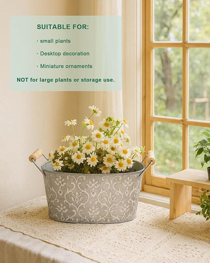 Galvanized Metal Oval Planter Buckets with Handles – Set of 3 Rustic Farmhouse Flower Tubs with Drain Holes & Plugs, Vintage Small Pots for Herbs, Succulents, Wedding or Tabletop Decor (Flower style)