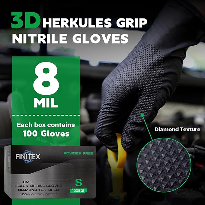 FINITEX Industrial Diamond Texture Nitrile Black Glove - 100/1000PCS Chemical Resistant 8mil Mechanic Disposable Gloves