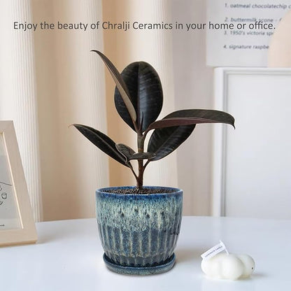 Ceramic Pots for Plants, 6in Ceramic Planters for Indoor Plants, Flower Pots with Drainage and Saucer, Reactive Glaze Blue
