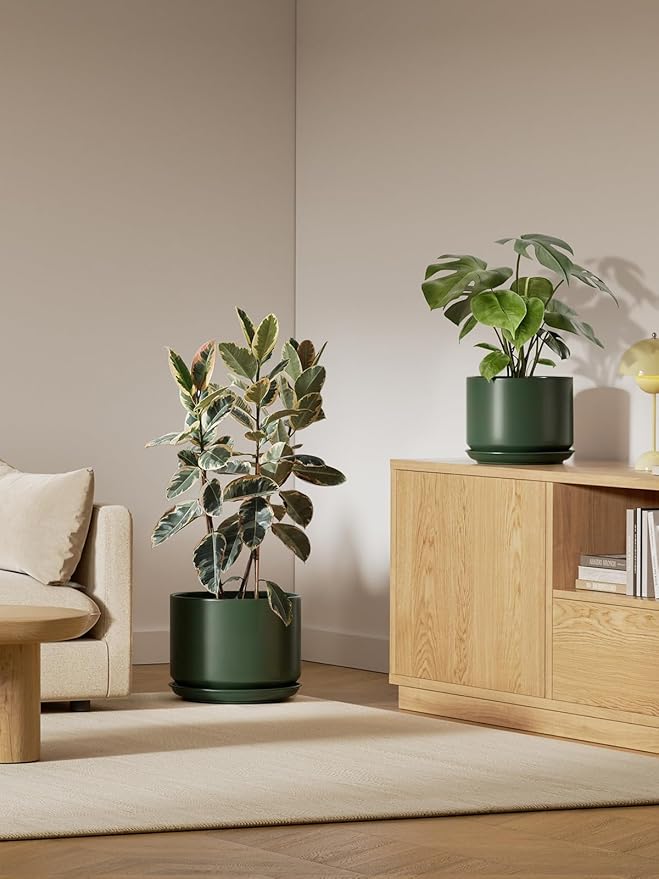 LE TAUCI 12 Inch Pots for Plants, Ceramic Plant Pots with Drainage Holes and Saucers, Elegant and Durable Large Plant Pot, Perfect for Home & Office Decor, Green